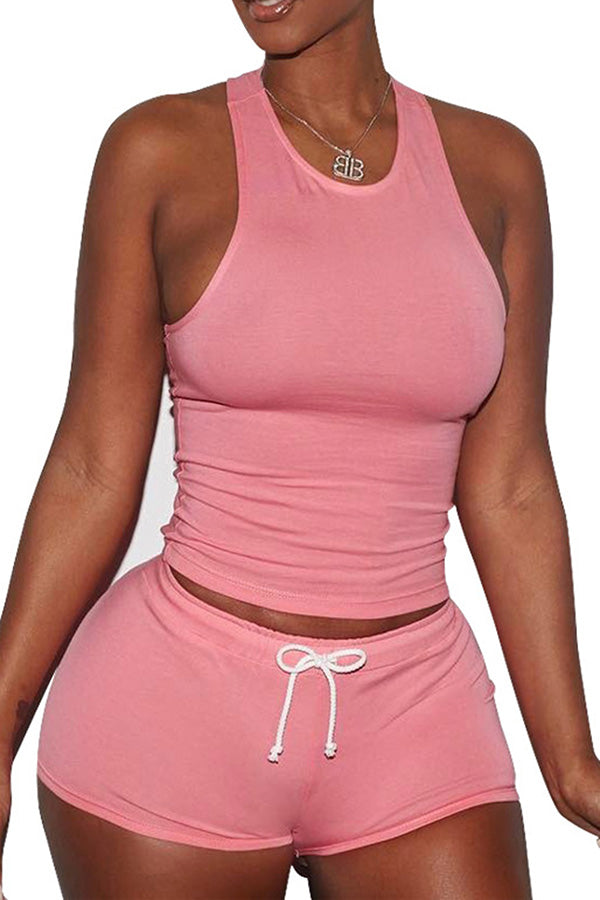 Womens Plain Tank Top Drawstring Waist Shorts Sports Suit Pink