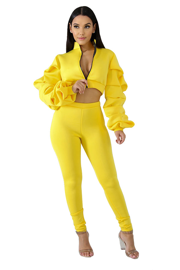 Long Sleeve Zip Up Crop Top&Elastic Pants Plain Two-Piece Set Yellow