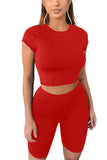 Solid Crop Top High Waisted Shorts Two Piece Set Red
