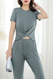 Short Sleeve Twist Hem Long Pants Pajama Set For Women Gray
