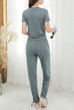 Short Sleeve Twist Hem Long Pants Pajama Set For Women Gray