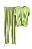 Women's Solid Twist Hem Top With Pants Pajama Set Light Green