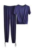 Short Sleeve Twist Hem Top With Pants Pajama Set Navy Blue