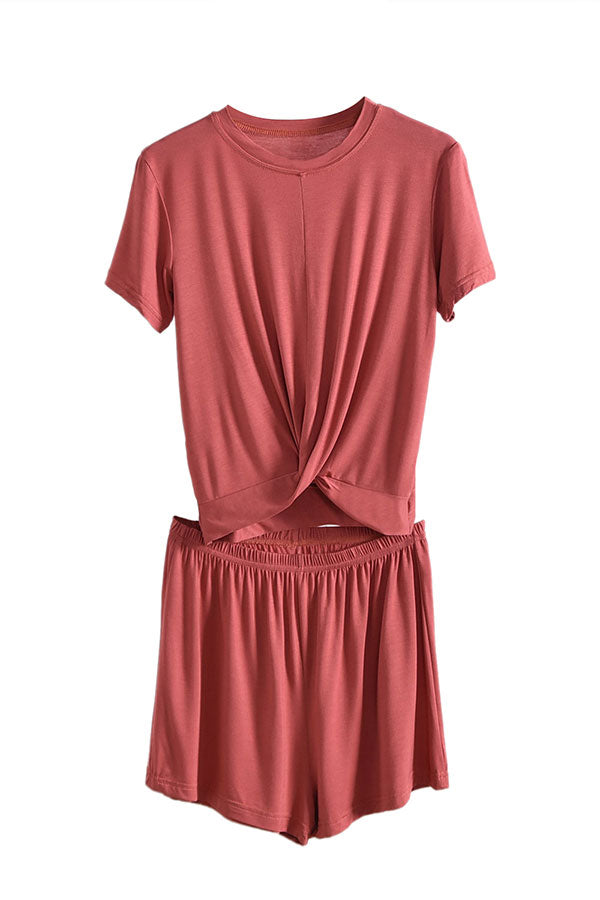 Women's Summer Short Sleeve Top With Shorts Pajama Set Red
