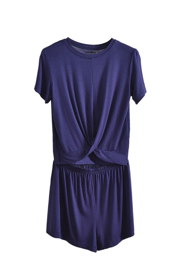 Casual Short Sleeve Top Shorts Sleepwear Pajama Set Navy Blue
