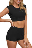 Crew Neck Crop Top High Waisted Booty Shorts Yoga Set Black