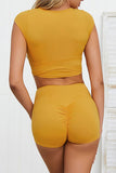 Crew Neck Crop Top High Waisted Booty Shorts Set Yellow
