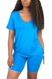 Solid Short Sleeve Top Bodycon Yoga Shorts Tracksuit Blue