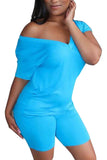 Solid Short Sleeve Top Bodycon Yoga Shorts Tracksuit Blue