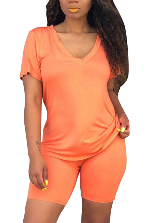 V Neck Short Sleeve Top High Waisted Bike Shorts Set Orange
