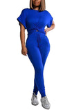 Solid Twist Crop Top High Waisted Skinny Pants Tracksuit Sapphire Blue