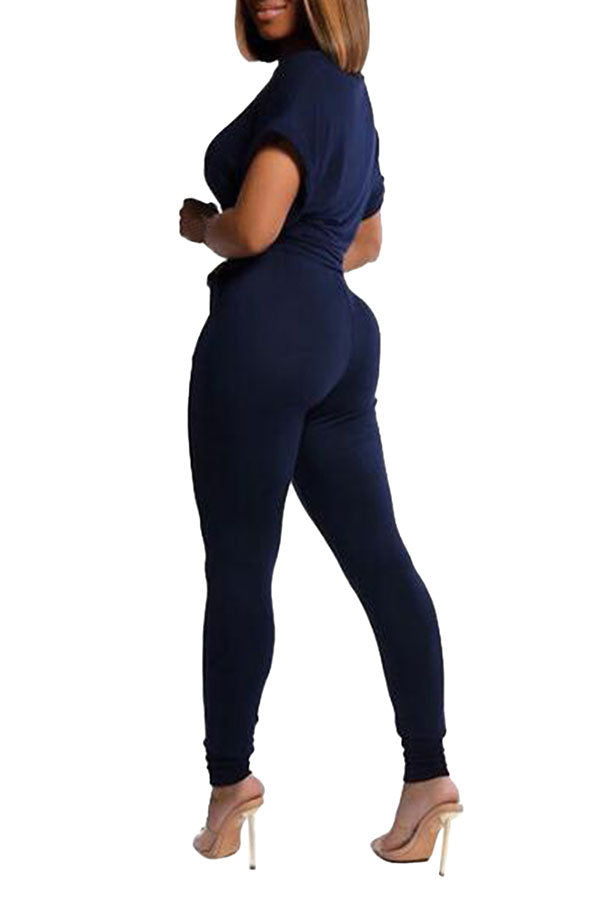 Twist Front Crop Top Pocket Skinny Pants Workout Set Navy Blue