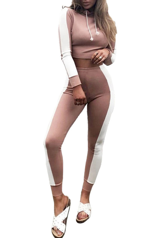 Women's Color Block Hooded Crop Top With Pants Two Piece Sports Set Pink
