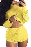 Off Shoulder Long Sleeve Crop Top With Shorts Two Piece Set Yellow