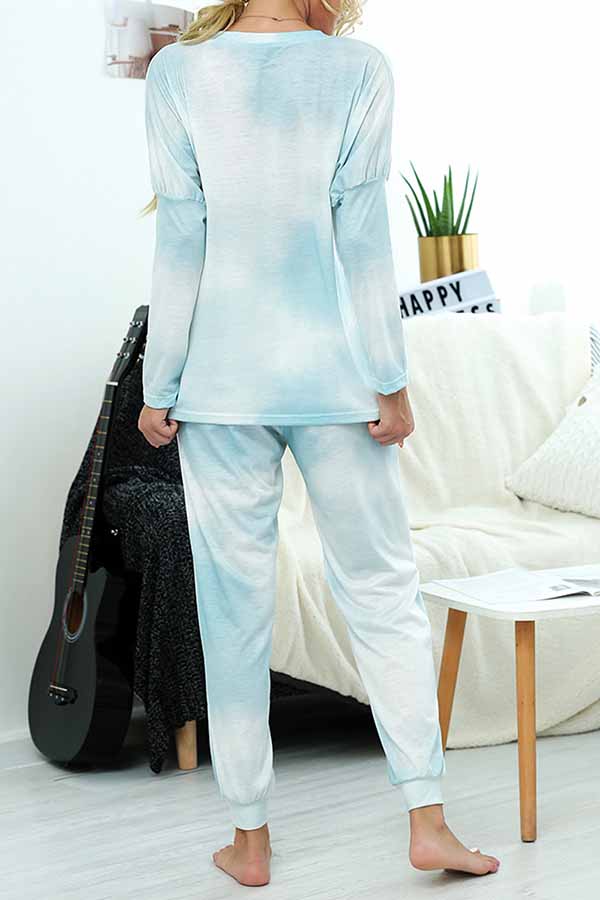 Long Sleeve Crew Neck Drawstring Tie Dye Jogger Pants Pajama Set White
