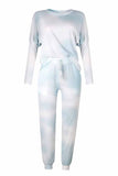 Long Sleeve Crew Neck Drawstring Tie Dye Jogger Pants Pajama Set White