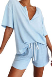 Women's Solid Half Sleeve V Neck T-Shirt And Drawstring Pajama Set