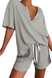 V Neck Half Sleeve Plain T-Shirt With Shorts Pajama Set Gray
