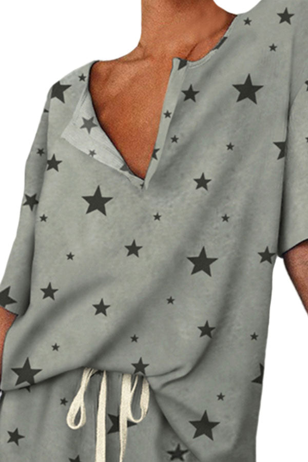 V Neck Short Sleeve Star Print T-Shirt Drawstring Shorts Pajama Set