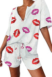 Summer Short Sleeve V Neck Lip Print With Shorts Pajama Set