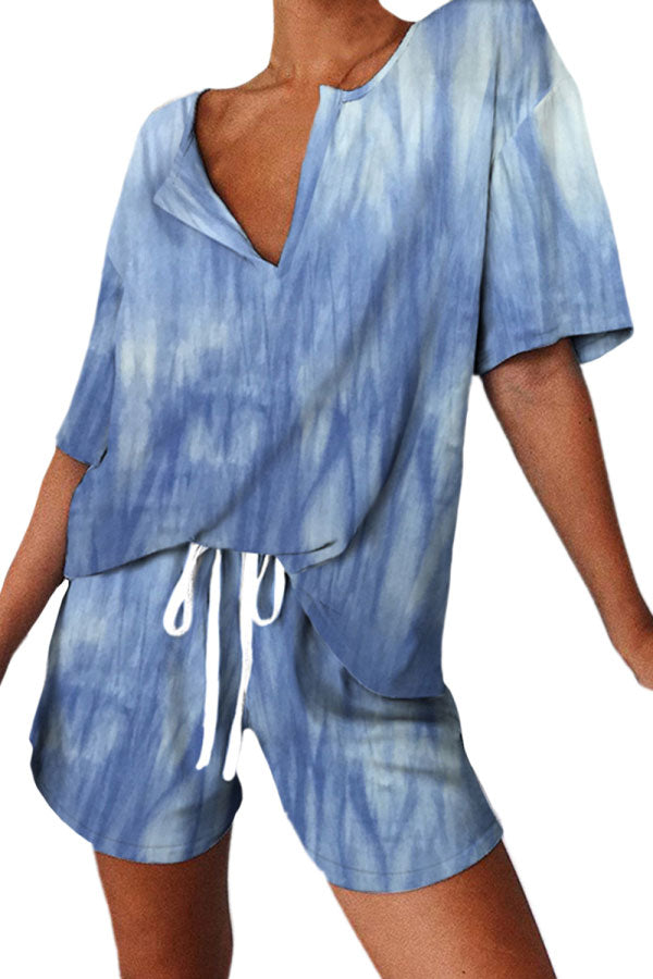 V Neck Tie Dye Print T-Shirt With Shorts Pajama Set Loungewear