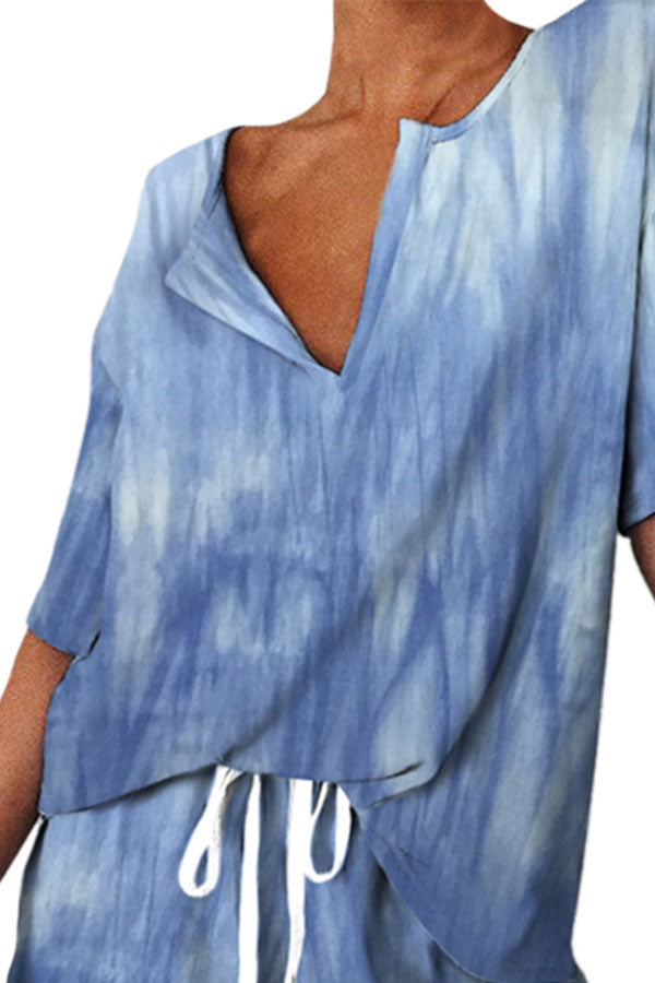 V Neck Tie Dye Print T-Shirt With Shorts Pajama Set Loungewear