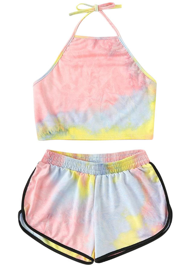 Tie Dye Halter Crop Top With Shorts Two Piece Set