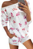 Long Sleeve Flamingo Print Top With Shorts Off Shoulder Pajama Set