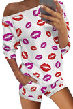 Lip Print Off Shoulder Top And Shorts Pajama Set