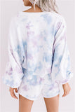 Women's Tie Dye Pajama Set Lantern Sleeve Snap Button With Shorts