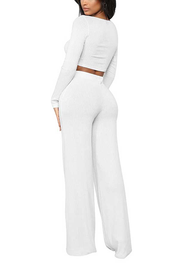 Long Sleeve Crop Top High Waisted Wide Leg Pants Bodycon Two Piece Outfit