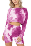 Casual Tie Dye Boat Neck Long Sleeve Shorts Loungewear Set Pink