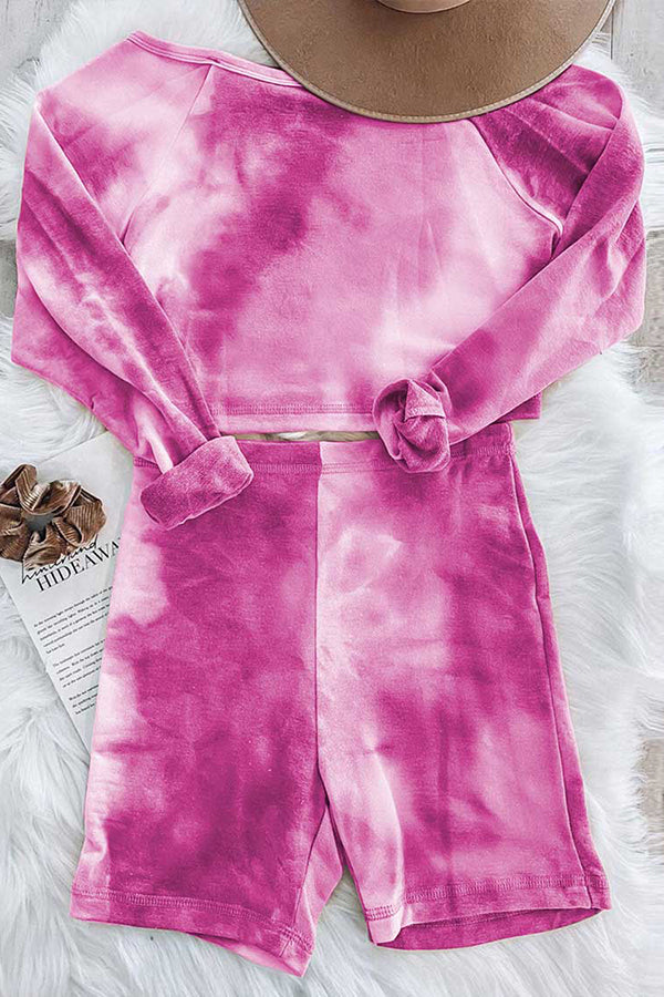 Casual Tie Dye Boat Neck Long Sleeve Shorts Loungewear Set Pink