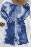 Casual Long Sleeve Boat Neck Tie Dye Shorts Sleepwear Set Navy Blue