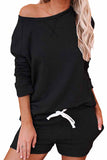 Long Sleeve One Shoulder Plain Drawstring Shorts Sleepwear Set Black