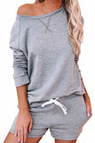 One Shoulder Long Sleeve Pocket Jogger Shorts Pajama Set Light Grey