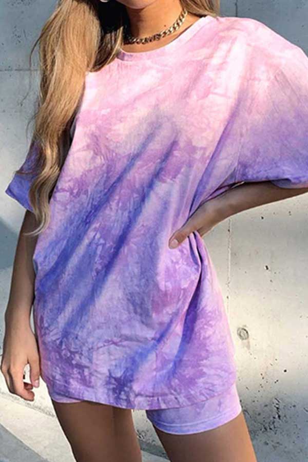 Women's Two Piece Outfit Tie Dye Tee And Bodycon Shorts Set