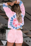 Pink Tie Dye Printed Long Sleeve Tops And Shorts Pajamas Set