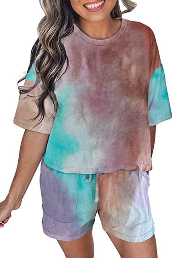 Tie Dye Casual Short Sleeve Shirt And Shorts Pajama Set For Women