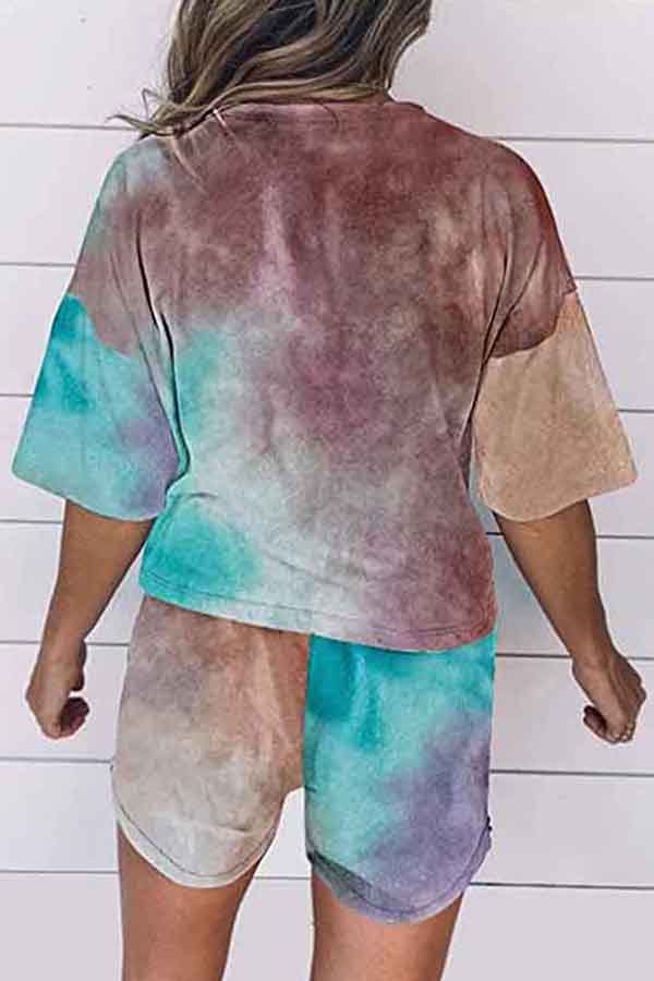 Tie Dye Casual Short Sleeve Shirt And Shorts Pajama Set For Women