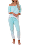 Long Sleeve Ombre Top Drawstring Pocket Pants Pajama Set Blue
