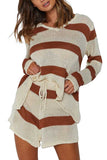 Long Sleeve V Neck Top Striped Shorts Two Piece Knit Set Brown