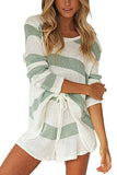 Casual V Neck Long Sleeve Top Striped Shorts Knit Suit Light Green