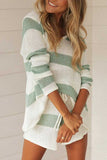 Casual V Neck Long Sleeve Top Striped Shorts Knit Suit Light Green