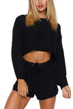 Solid Long Sleeve Crop Top Drawstring Shorts Knit Set Black