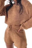 Long Sleeve Crew Neck Crop Top Plain Shorts Knit Suit Brown