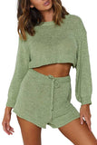 Solid Long Sleeve Crop Top Drawstring Shorts Knit Suit