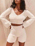 Sexy Crop Top High Waisted Shorts Furry Plain Sweater Suit