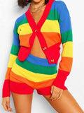 V Neck Button Top High Waisted Shorts Color Block Two Piece Sweatsuit