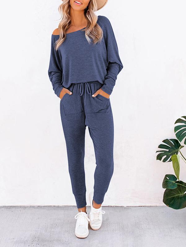 Womens Batwing Sleeve Top Drawstring Pocket Pants Two Piece Tracksuit